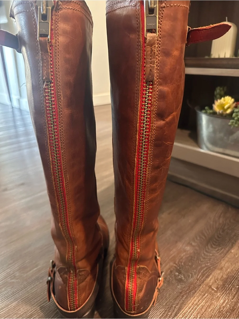 Freebird Vintage Roadie Tall Cognac Leather Boots with Red Accent Zipper Size 9